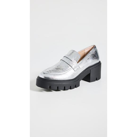Stuart Weitzman 'Soho' Silver Leather Round Toe Loafers Size 7.5